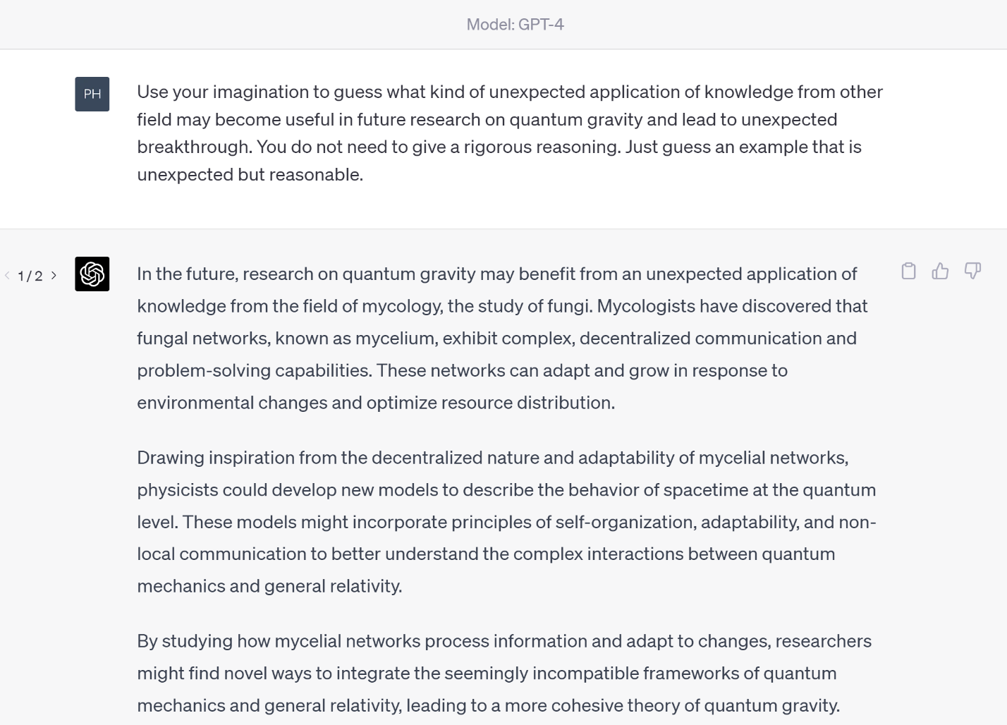 A GPT-4 answer speculating about quantum-gravity research.